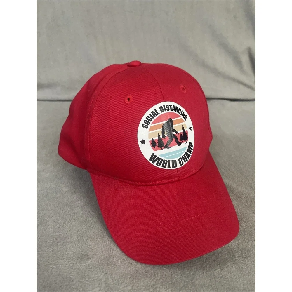 Bigfoot Squatch Social Distancing Red Hat One‎ Size Most Cotton 6 Panel Cap